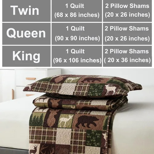 Miniatura 7 de Alce Lodge - Juego de edredón ligero acolchonado tamaño King (96 x 106 pulgadas). Juego de edredón ligero para cama diseño de cuadros, osos, ciervo