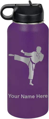 Miniatura 51 de Botella de agua personalizada LaserGram, Karate Man, de acero inoxidable con doble pared aislada al vacío con tapa abatible, regalo personalizado