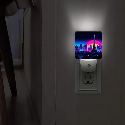 Miniatura 6 de Paris Tower Night Lights Plug Into Wall, Retro Futuristic City Skyline Sunset Summer Peach Dusk to Dawn Led Plug in Night Lights for Bathroom