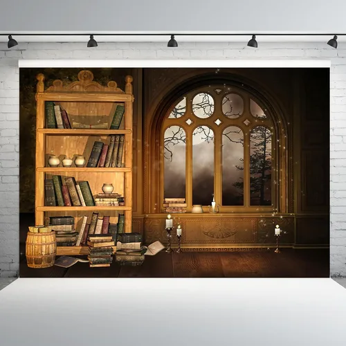 Miniatura 12 de AOFOTO Fondo de fotografía de habitación mágica vintage de 5 x 5 pies, fondo de estantería retro encantada, estantería antigua, ventana, libro
