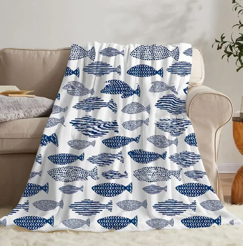 Miniatura 3 de SPBL&L Manta de peces de playa costera, azul y blanco, manta náutica de peces oceánicos para cama, sofá, dormitorio, sala de estar, decoración