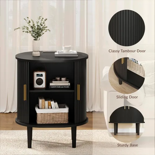 Miniatura 6 de DHH Mesita de noche moderna de mediados de siglo con estación de carga, mesa auxiliar acanalada con puerta corredera y estante ajustable, mesa Negro