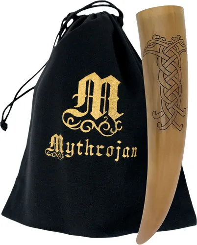 Miniatura 10 de Mythrojan Cuerno vikingo para beber 100% natural, auténtico, decoración de latón, cuerno nórdico con funda de cuero negro, bolsa de lona para vino