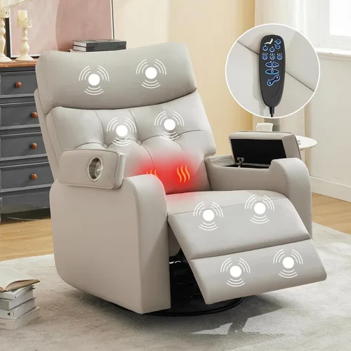 Sillón reclinable giratorio con masaje de calor, sillas reclinables de cuero de gran tamaño, con puerto tipo C, brazos de almacenamiento dobles para