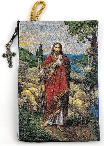 Miniatura 2 de TREE OF LIFE REV. 2214 Bolsa de rosario católico, Jesús el Buen Pastor y Salmo 23, 4 x 6 pulgadas, joyería y monedero con cruz, pequeña bolsa tejida