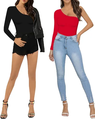 Miniatura 5 de MANGOPOP Women's One Shoulder Off Sleeveless Long Sleeve Tank Top Bodysuit Jumpsuits