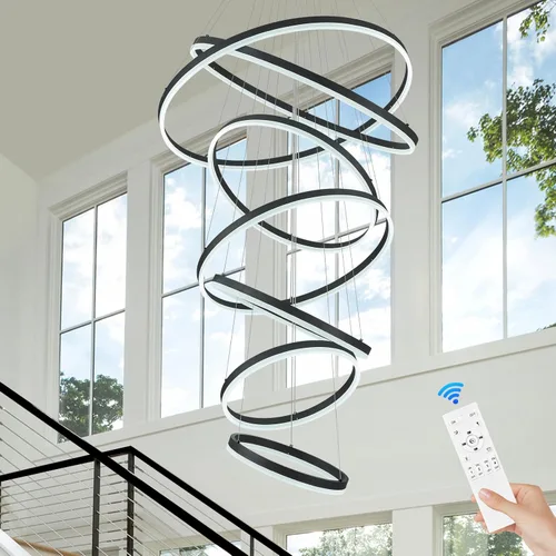 Miniatura 13 de Benkut 5 Anillos D31.5 Lámpara de Araña LED Moderna Negra Grande Regulable Circular para Techo Alto con Control Remoto para Vestíbulo, Comedor, Sala
