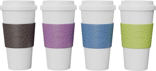 Copco Acadia Taza de viaje (paquete de 4), taza de café aislada de 16 onzas con plástico de doble pared, tapa a prueba de fugas, apta para