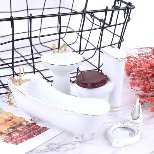 Miniatura 4 de 1:12 Juego de baño de porcelana en miniatura para casa de muñecas, 5 piezas, lavabo de cerámica blanca, espejo de bañera, muebles en miniatura