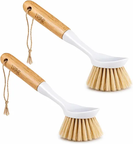 Cepillo de Cocina para Platos y Hierro Fundido con Raspador, [Paquete de 2] Limpiador de Sartén con Mango, Estropajo de Limpieza de Cocina para