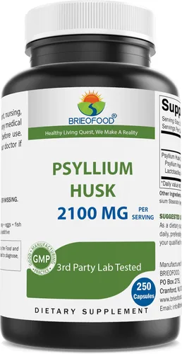 Brieofood Suplemento de fibra de cáscara de psyllium con Lactobaciilus Acidophillus (La-14) - 2100mg por porción - 250 cápsulas - Ayuda a apoyar la