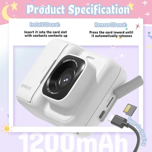 Miniatura 7 de Cámara para niños, cámara de impresión digital instantánea de 1080P para niños, regalos de Navidad y cumpleaños para niñas y niños de 4, 5, 6, 7, 8