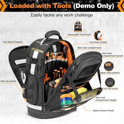 Miniatura 4 de Mochila de herramientas, mochila de herramientas de construcción resistente HVAC para hombres, organizador de herramientas duradero de nivel