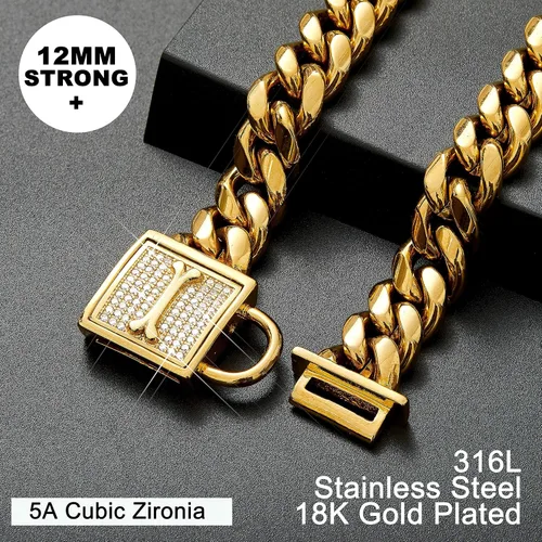 Miniatura 5 de Collar de cadena para perro con cierre de circonita de 0.472 in, cadena de eslabones cubanos de oro de 18 quilates, acero inoxidable, collar de lujo
