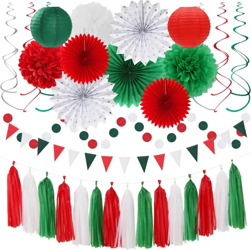 Miniatura 17 de Conjunto de decoraciones rosa intenso y rojo para fiestas - 33 piezas: Bandera, serpentinas, guirnalda con borlas, pompones de papel, panales