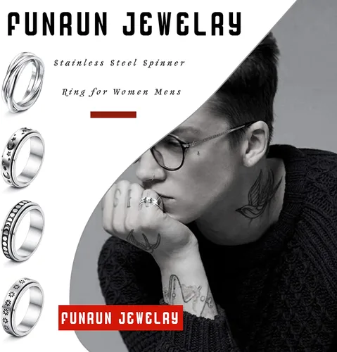 Miniatura 3 de FUNRUN JEWELRY Anillo de acero inoxidable para la ansiedad para mujeres y hombres, anillos giratorios de luna y estrella celta para aliviar