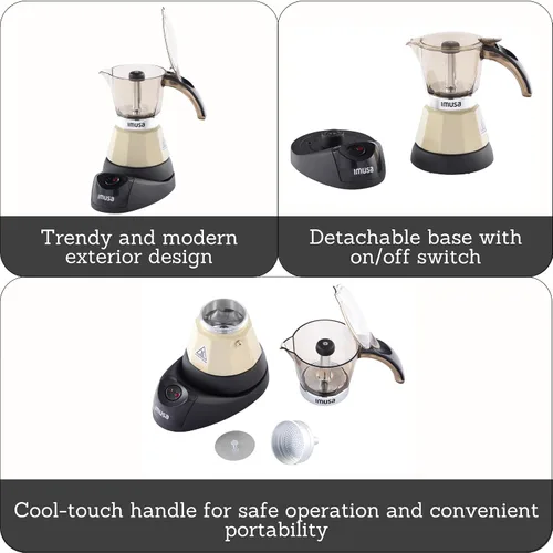 Miniatura 2 de IMUSA Cafetera eléctrica de almendras de 3 o 2 tazas, cafetera moka compacta con función de mantener el calor, base desmontable, cafetera de leche