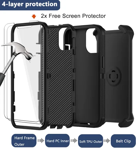 Miniatura 3 de Funda para iPhone 11 Pro Max con funda de clip para cinturón, 2 protectores de pantalla, protección contra caídas de grado militar, cuerpo completo