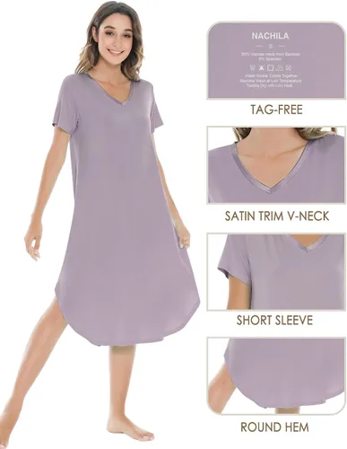 Miniatura 3 de NACHILA Camisones para mujer, viscosa hecha de bambú, cuello en V, manga corta, ropa de dormir fresca S-2X
