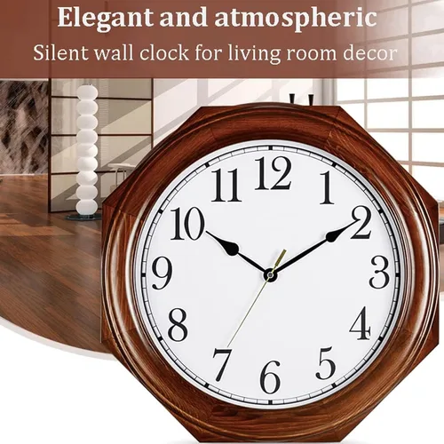 Miniatura 3 de Reloj de pared octágono retro de 16 pulgadas/16.5 in, reloj colgante de cuarzo silencioso con marco de madera maciza y funciona