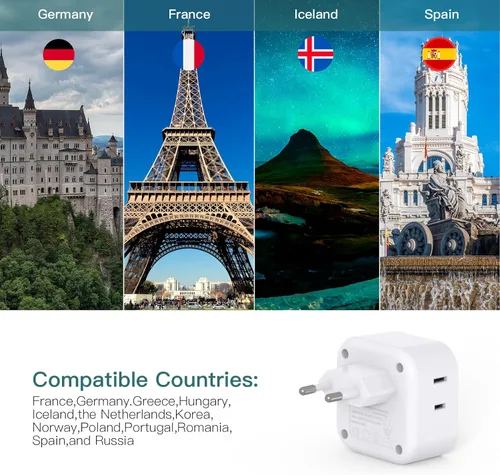 Miniatura 5 de Paquete de 2 adaptadores de enchufe de viaje europeos, adaptador de enchufe de Estados Unidos a Europa con 3 tomas de corriente, 3 puertos de carga