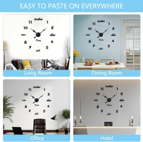 Miniatura 3 de Moderno reloj de pared grande sin marco, funciona con pilas, espejo 3D, relojes de pared decorativos para decoración de sala de estar (negro)