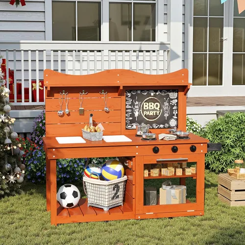 Miniatura 4 de BRINJOY Juego de cocina para niños, juego de cocina de barro de madera al aire libre con 2 fregaderos extraíbles y tubo rociador, cocina de juego