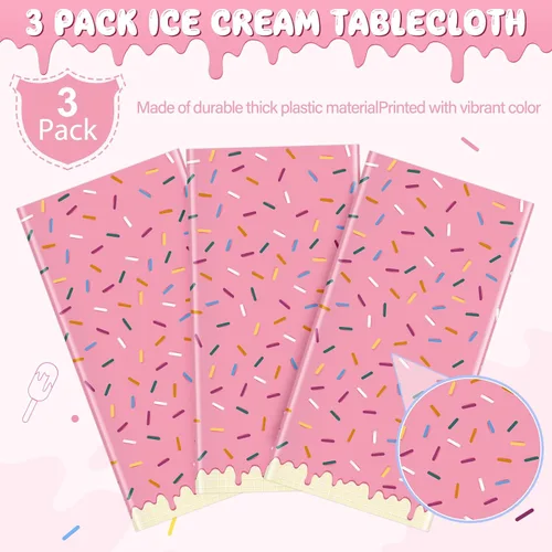 Miniatura 4 de 3 Piezas Mantel de Donas con Chispitas, Mantel de Mesa de Helado Rosa, Cubiertas de Mesa Rectangulares de Plástico Desechable para Niña Bebé Dulce