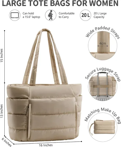 Miniatura 3 de Bolsa Tote Acolchada para Mujeres, Bolsa de Mano de Trabajo Ligera y Esponjosa para Maestras y Enfermeras, Bolsa de Hombro Acolchada para Escuela