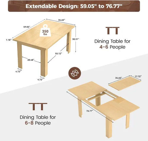 Miniatura 2 de Miereirl Mesa de comedor extensible de 59 a 77 pulgadas para 6 a 8, mesa de cocina rectangular que ahorra espacio con extensión fácil de sacar
