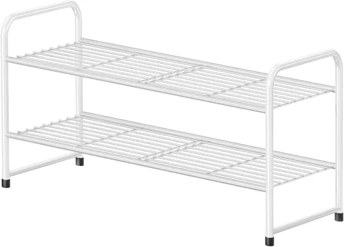 Miniatura 11 de Zapatero simple de 2 niveles y 27 pulgadas de ancho, estante organizador de zapatos de metal resistente para entrada, puerta delantera, color negro