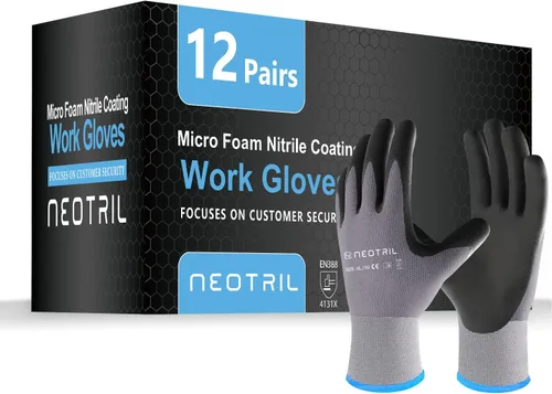 Miniatura 7 de NEOTRIL - Guantes de trabajo de seguridad con revestimiento de nitrilo de microespuma, 3/6/12/36 pares, guantes de nailon transpirable para hombres