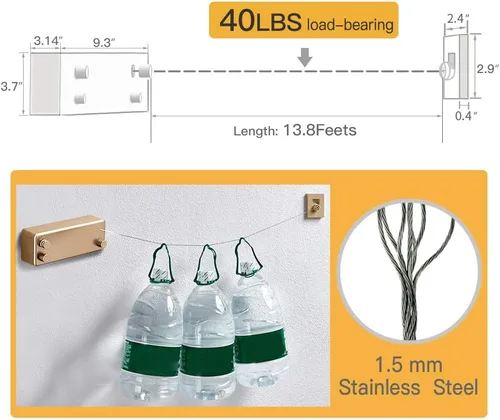 Miniatura 5 de BESy Funda retráctil ABS + secadora de aluminio con cuerda doble de acero inoxidable ajustable, estilo hotel, resistente, método de montaje