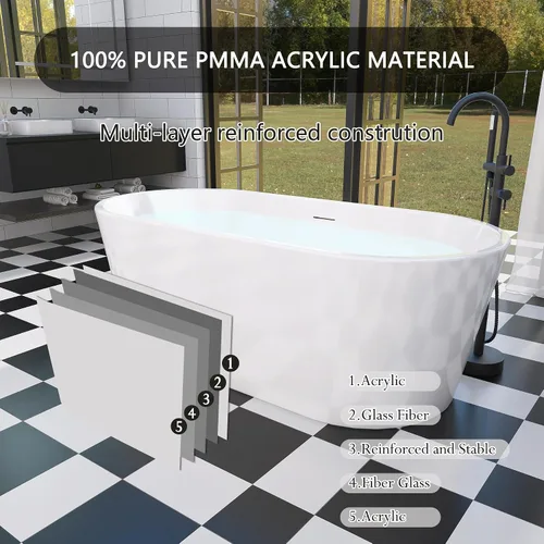 Miniatura 6 de Bañera independiente de 59", bañera independiente de acrílico puro, elegante bañera independiente contemporánea de remojo profundo, certificada cUPC