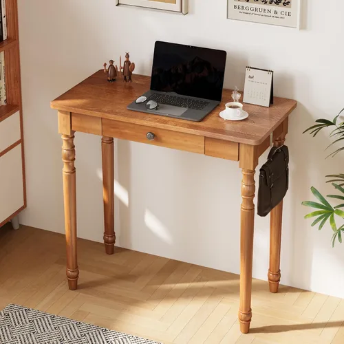 Escritorio moderno de mediados de siglo de 32 pulgadas, escritorio de madera de goma con cajones, escritorios estrechos vintage con 2 ganchos,