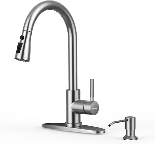 WEWE Grifo de fregadero de cocina con dispensador de jabón, grifo de cocina con rociador extraíble, 3 modos de acero inoxidable, mango único, Níquel