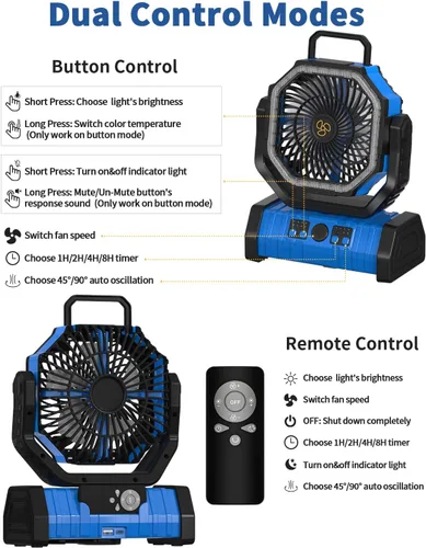Miniatura 5 de ADUST Ventilador Portátil de Campamento con Batería, Ventilador con Luz LED 20000mAh Recargable, Oscilación Automática, Rotación de 270°, Gancho