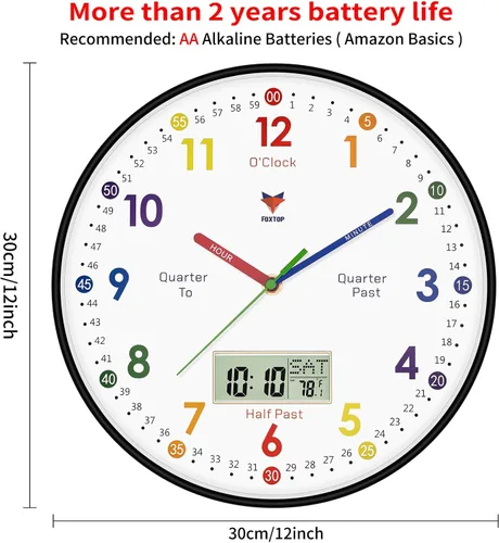 Miniatura 2 de Foxtop Reloj de Aprendizaje Digital y Analógico para Niños - Reloj de Enseñanza para Decir la Hora de 12 Pulgadas Silencioso Sin Tictac Operado