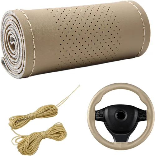 Miniatura 9 de Dickno Funda para volante de automóvil, protector de volante antideslizante con costura envolvente para diámetro máximo de 15 pulgadas, costura DIY