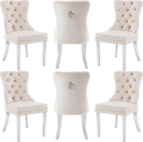 Miniatura 43 de Sillas de Comedor de Terciopelo Juego de 4, Colección Nikki Sillas de Comedor con Patas de Acero Inoxidable Plateado y Anilla, Silla Lateral de Lujo