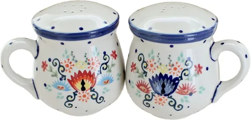 Miniatura 5 de Blue Rose Polish Pottery - Saleros y pimenteros de margaritas rojas con asas - 3.75 pulgadas de alto - Juego de condimentos de cerámica pintados a