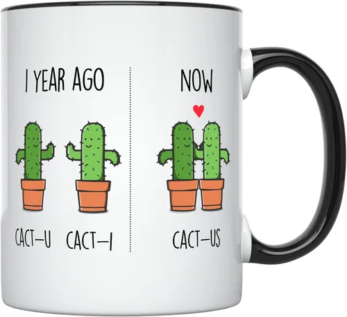 YouNique Designs 1 Año Fechado taza, 11 onzas, Divertida taza de café de aniversario del primer año para parejas, Mango negro