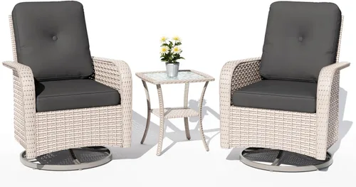 Miniatura 7 de Juego de muebles de patio de 3 piezas, sillas mecedoras giratorias para exteriores con mesa auxiliar de ratán, juegos de mimbre para patio