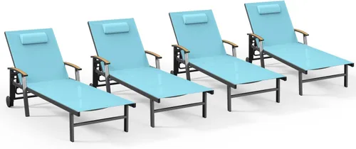 Miniatura 13 de Ciokea Sillón para exteriores con almohada, tumbona de aluminio de 5 posiciones con ruedas y reposabrazos, silla de piscina resistente de 400 libras