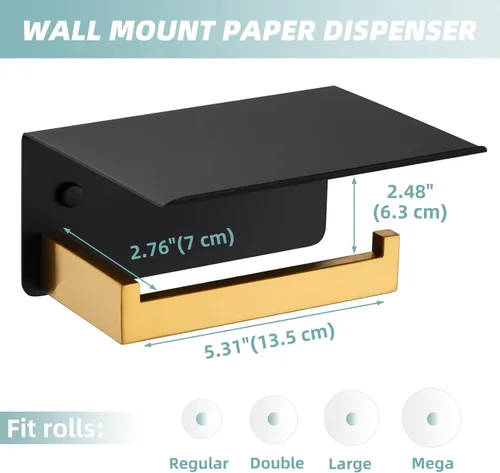 Miniatura 8 de Soporte de papel higiénico con estante para teléfono, color negro y dorado, dispensador de rollos de papel de acero inoxidable APLusee 304