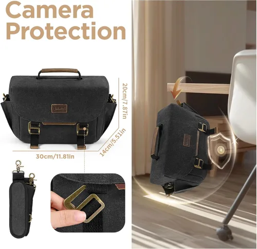 Miniatura 5 de SMRITI Bolsa cruzada de lona para cámara DSLR, impermeable, bolsa bandolera para fotógrafos, bolsa pequeña para cámara con cubierta para lluvia