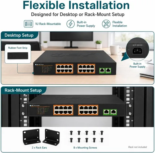 Miniatura 6 de BV-Tech 18-Port Gigabit PoE+ Switch (16 PoE Ports & 2 Gigabit Uplinks), 120W PoE Budget, 802.3af/at, 1U Rackmount/Desktop Plug and Play, POE-SW1602G
