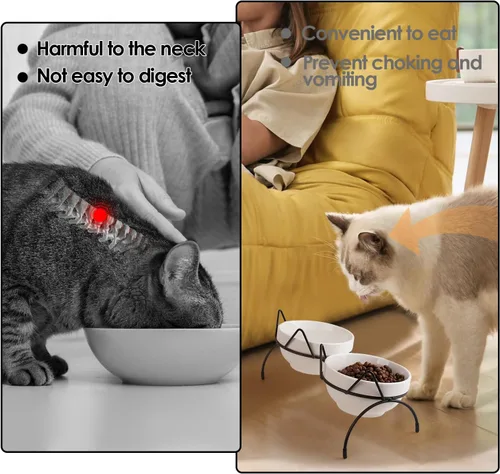 Miniatura 6 de Juego de cuencos de agua para alimentos para gatos, cuencos dobles de cerámica para mascotas con soporte elevado inclinado de 15°, estación