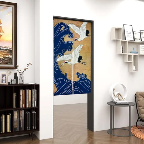 Miniatura 3 de LIGICKY Cortina de puerta Noren japonesa retro de lino blanco con estampado de ondas azules, tratamiento de ventana asiática, tapiz de puerta