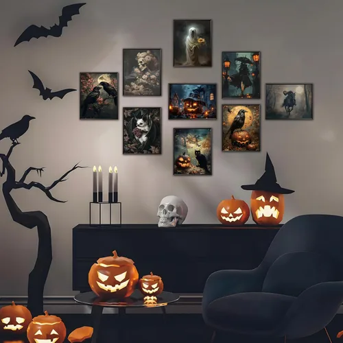 Miniatura 7 de ARKZSHO Juego de 9 impresiones en lienzo para pared de Halloween, pintura oscura de academia, pintura estética gótica espeluznante para galería